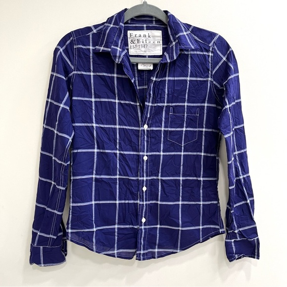 Frank & Eileen Barry Blue Plaid Cotton Button Down Crinkle Shirt Size XS - Picture 2 of 11